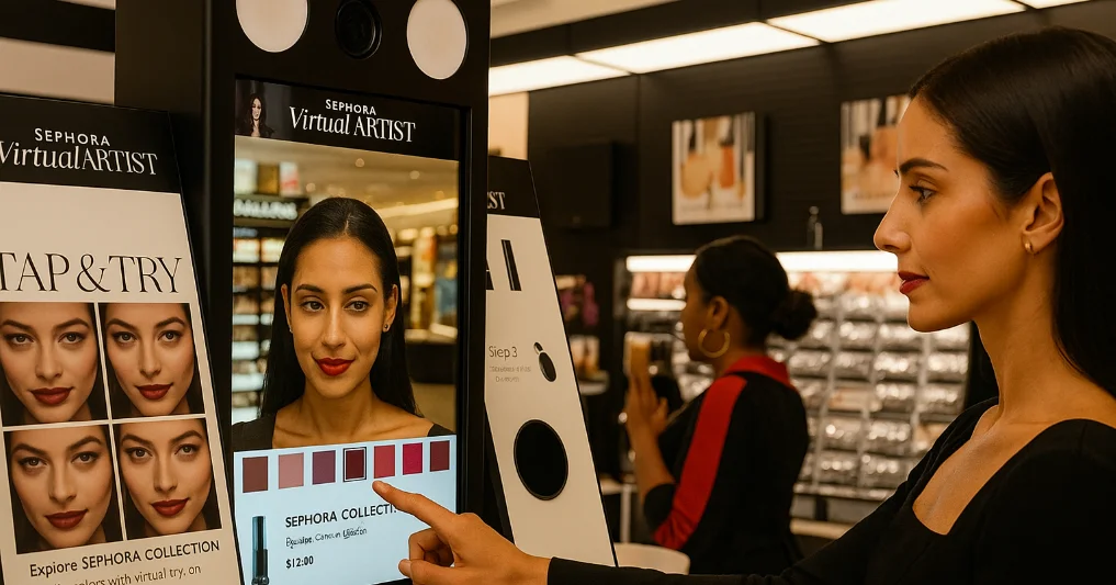 Future-Proofing Your Business: A Digital Marketing Roadmap for 2025 3 A woman interacts with a touch screen, exploring various makeup options displayed on the screen.